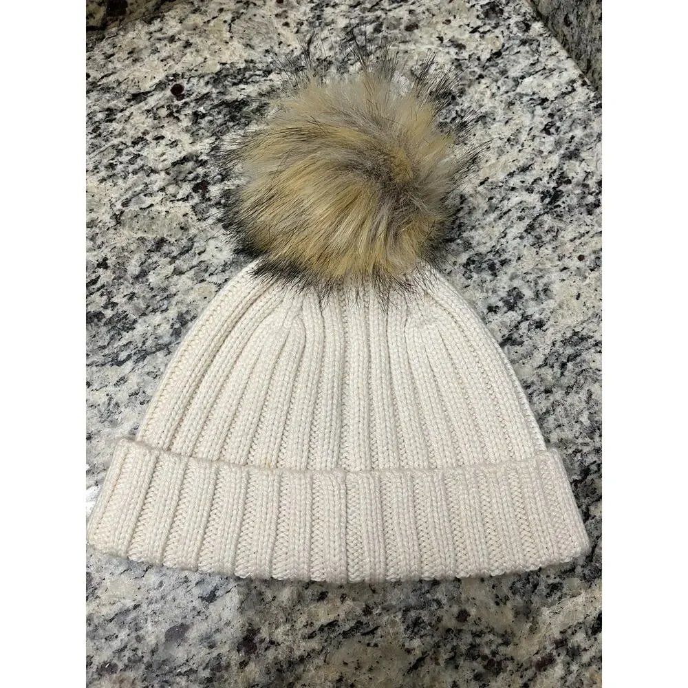 J CREW Hat Womens OS Ribbed Cuffed Pom-Pom Beanie NWOT Knit Cotton Ivory